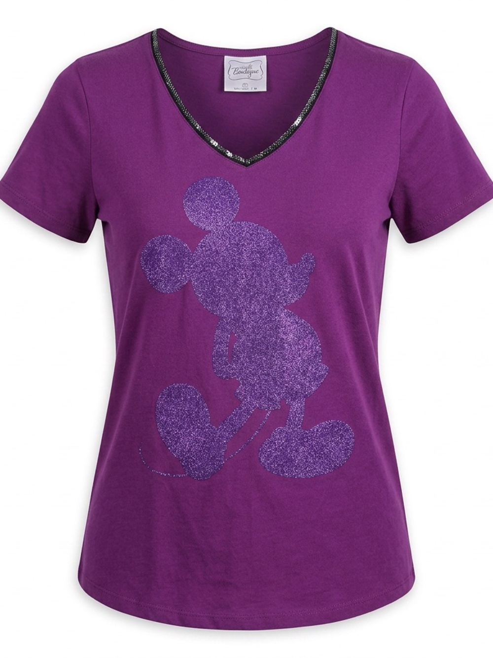 Disney Boutique Embellished V Neck Glittery Mickey Mouse Graphic Tshirt Purple L